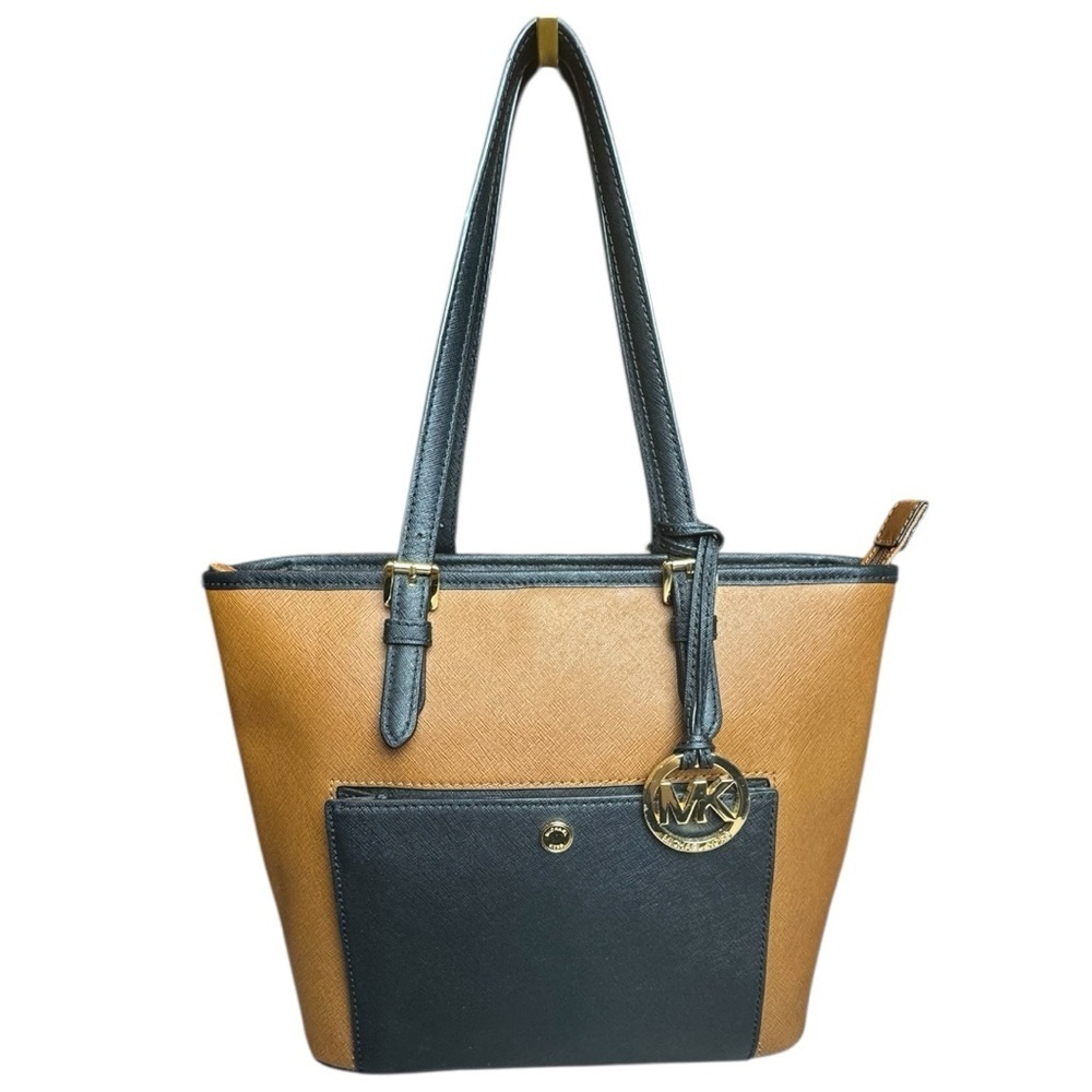Michael Kors Jet Set Medium Saffiano Leather Colorblock Tote Bag Brown & Black